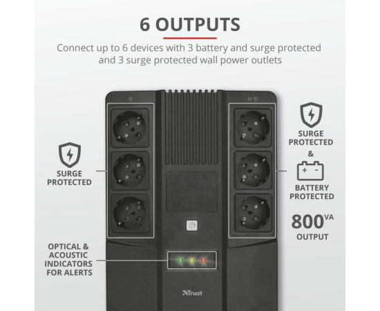 Trust Maxxon 800VA UPS with 6 standard wall power outlets BLACK, зображення 7 в Києві, Україні