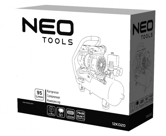 Neo Tools 12K020 Компрессор, безмасляный, 230В, 12л, 8 Бар, 105л/мин, 500Вт, прямой привод, индукционный, IP20, изображение 11 в Киеве, Украине