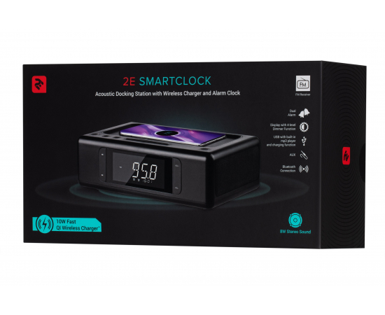 2E Акустична док-станція SmartClock Wireless Charging, Alarm Clock, Bluetooth, FM, USB, AUX Black, зображення 9 в Києві, Україні